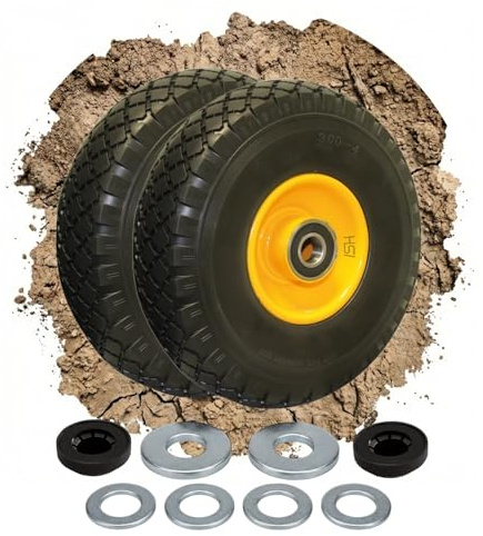 2er Set Sackkarrenrad pannensicher 260mm 3.00-4 von Tergato – bis 130kg belastbar – unplattbar inkl. Universal-Montage-Kit (Starlock & Distanzscheiben) für 65-80mm Achslänge, 20mm Bohrung,
