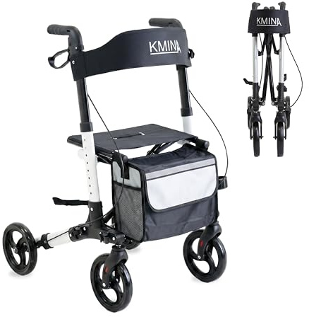 KMINA Déambulateur Pliable avec Siège, Rollator Adulte Réglable, Blanc | Pliage Vertical Compact, Hauteur Ajustable, Freins de Poignée et de Stationnement, Sac de Rangement et Porte-bâton