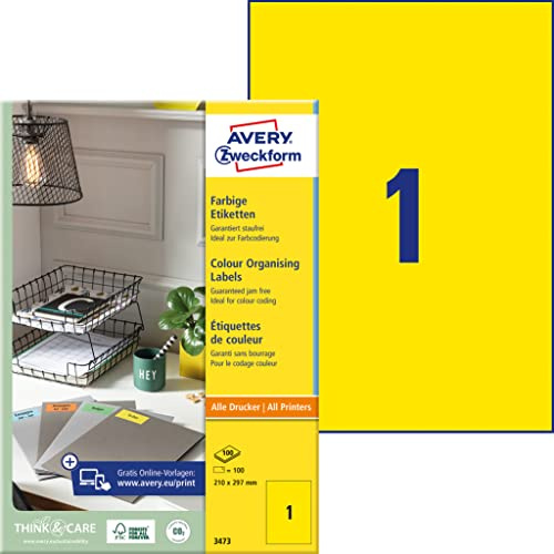 AVERY Zweckform 3473 Gelbe Etiketten (100 Aufkleber, 210x297mm auf A4, permanent haftend, selbstklebende Farbetiketten, Papier matt, bedruckbare, farbige Klebeetiketten) 100 Blatt