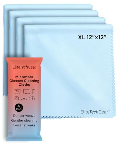 Elite Tech Gear - 4 Blue OVERSIZED Microfiber Cloths, The Most Amazing Microfiber Cleaning Cloths - Perfect For Cleaning All Electronic Device Screens, Eyeglasses & Delicate Surfaces 12x12 OVERSIZED