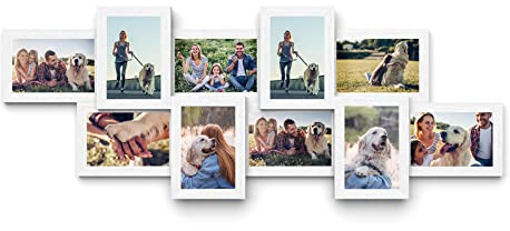 SONGMICS Bilderrahmen Collage, für 10 Fotos je 10 x 15 cm, Fotorahmen aus MDF-Platten, Montage erforderlich, weiß, mit Holzmaserung RPF21W