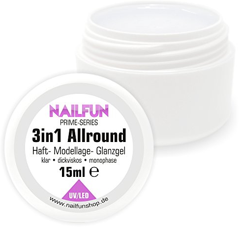 NAILFUN 15ml 3in1 Prime Allround Gel - Monophase Gel klar dickviskose säurearm selbstglättend - einsetzbar als Haftgel, Aufbaugel und Finishgel - UV- und LED härtend