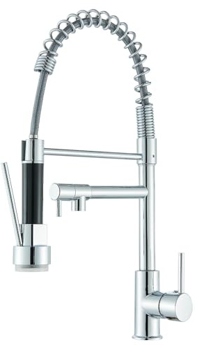 Saeuwtowy Grifo de Cocina LED 360° Giratorio Grifo de Cocina Extraible con Resorte, Mezclador Monomando Extensible Cabezal con 2 modos, Acero Inoxidable Cromo