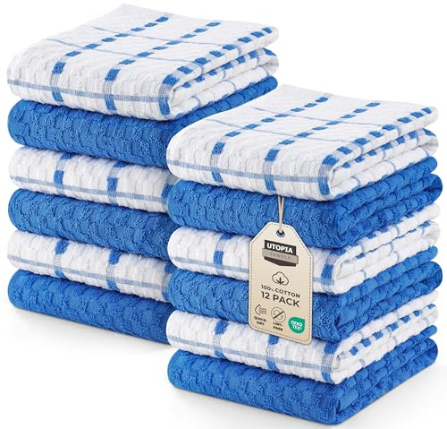 Utopia Towels -12 Kitchen Towels Set - 38 x 64 cm - 100% Ring Spun Cotton Super Soft and Absorbent Dish, Tea and Bar (Blue)