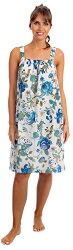 i-Smalls Camisa de noche con tirantes para damas de algodón floral sin mangas Lencería corta (Blue) M, Azul Grande Floral
