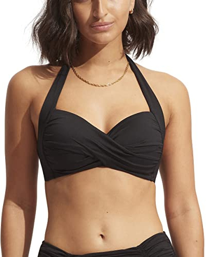 Seafolly Dam Twist Front mjuk kupa halterneck bikini topp baddräkt, Eco Collective Svart, 4