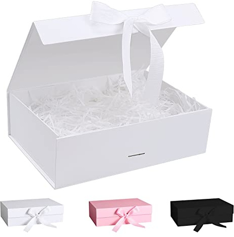 Geschenkbox Mit Schleife und Deckel, Magnetische Box Mit Schleifenband und Geschreddertem Papier für Hochzeit, Geburtstag, Weihnachten, Jubiläum (Weiß, 27 * 19 * 8cm)