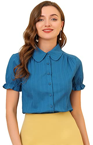 Allegra K Women's Peter Pan Collar Shirt Cotton Vintage Short Sleeve Button Down Shirt Small Ocean Blue
