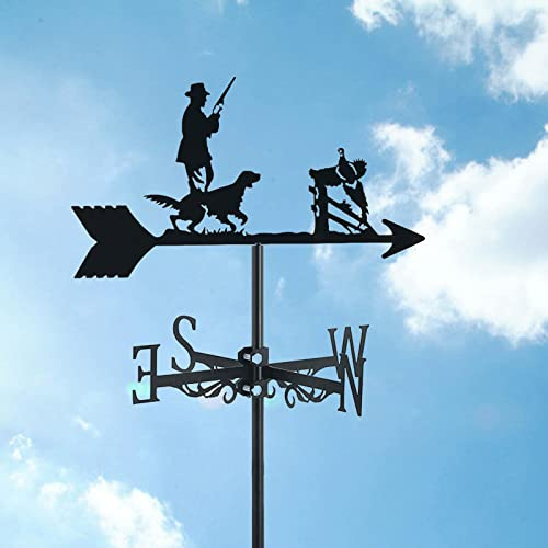 ZNEL Wetterhahn Jäger Mit Hund Jagen Windfahne Deko-Wetterfahne Windrichtungsanzeiger, Hohl Geschnitztes Design Edelstahl Windrichtung Schwarz Metall,Hunter & Dog