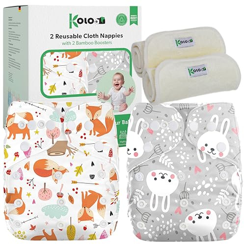 Kolo – 2 återanvändbara blöjor för spädbarn och nyfödda + 2 bambuinlägg | Tvättbara, justerbara tygblöjor, unisex | 100 % miljövänliga | designräv och rabbits
