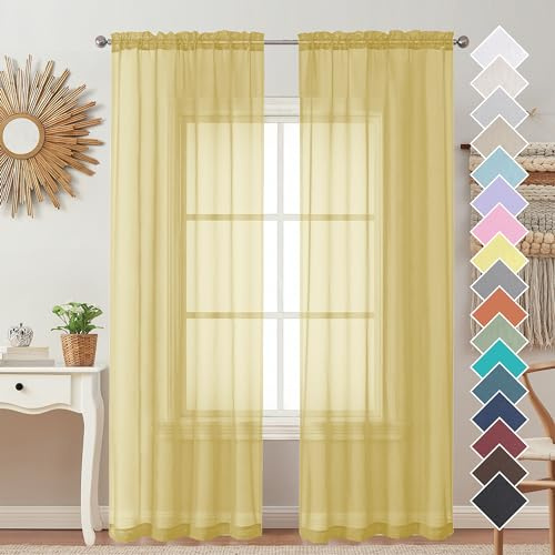 OVZME Mustard Yellow Sheer Curtains 96 Inches Long 2 Panels, Solid Lightweight & Airy Gauzy Window Treatments with Light Filtering for Bedroom, Dual Rod Pocket, Each 42W x 96L