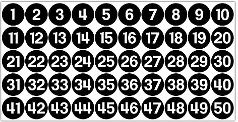 GamesMonkey® - Etiketten Zahlen Aufkleber Kreise - Schwarz - von 1 bis 50 - (50-500 - 2500 Stück) (10-25 mm) Wasserfestes Vinyl - Inventare (10 mm - 1,0 cm, 50 Stück - 1 Blatt)