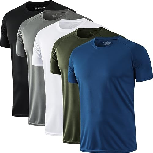 HOPLYNN 5 Pack Running Shirts Men Sport Tops Dry Fit Gym Wicking Athletic T Shirts Breathable Cool Workout Shirts Black/Grey/Blue/White/Green XL