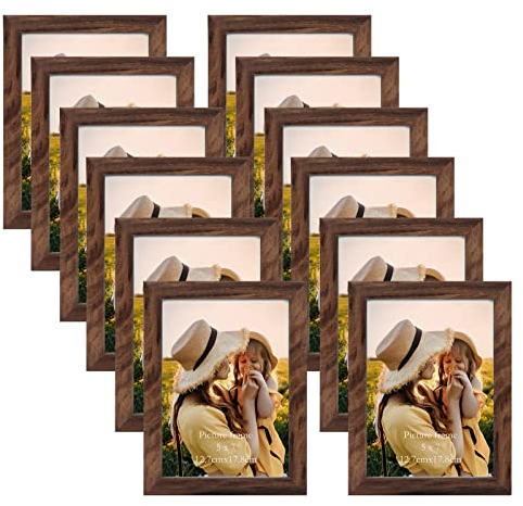 EXYGLO 12er Set Bilderrahmen 13x18 cm, Braune Fotorahmen Collage für 18x13 cm Fotos und Bilder, Dunkler Rahmen mit Plexiglas - Wand- oder Tischaufsteller