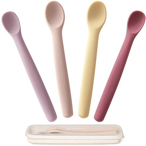 Moonkie Cuchara Bebe Aprendizaje, 4 Piezas Silicona, Para Primera Fase del Bebé, Blandas Para Autoalimentación y Destete Guiado