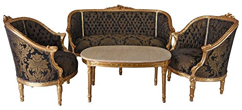 Sittgrupp barocksalong ganitur, soffa och två fåtöljer, bord, marmoarplatta, brun, guld, cat502a34, Palazzo exklusiv