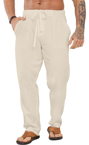 LVCBL Pantaloni da uomo in lino, lunghi e larghi, con coulisse, con tasche, traspiranti, protezione solare, cachi, XXL