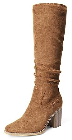 DREAM PAIRS Women's Knee-High Boots, Comfortable Chunky Block Heel Pointed Toe Pull On Side Zipper Suede Slouch Riding Boots,Size 6,Camel,SDKB2308W