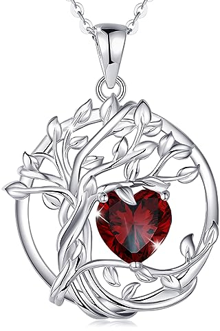 FANCIME Lebensbaum Granat Kette für Damen 925 Sterling Silber Baum des Lebens Granat Anhänger Halskette Schmuck Geschenke für Frauen Mädchen, Kettenlänge: 40+5 cm
