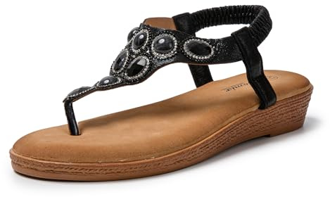 JOMIX Sandales Femme Sandales Compensées Femme Bohême Strass Élastique Réglable pour Marche Maison Piscine Plage (Noir, 37)