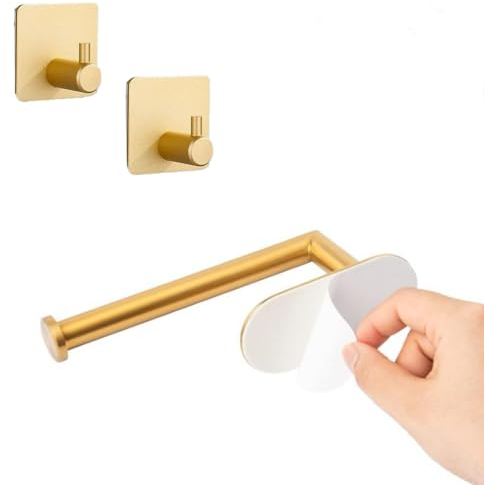 Qiundar Selbstklebend Klorollenhalter wc papierhalter ohne Bohren toilettenpapierhalter ohne Bohren Edelstahl mit 2 Stück Klebehaken für Bad, Toilette, Küche, Wasserdicht Rostbeständig (Gold)