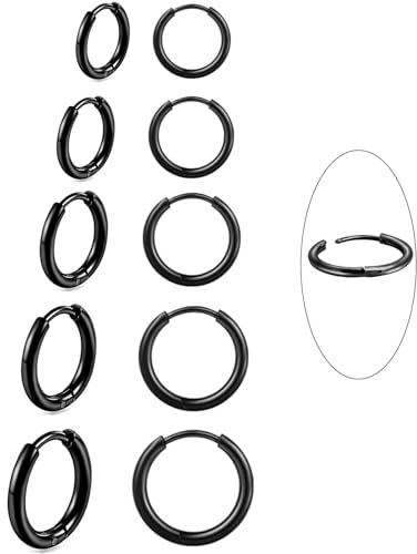 BVLAGIDA 5 Paar Ohrringe Creolen für Damen Herren, 316L Chirurgenstahl Ohrringe, Creolen Schwarz, Hypoallergene Helix Ohrring, 8/10/12/14/16MM