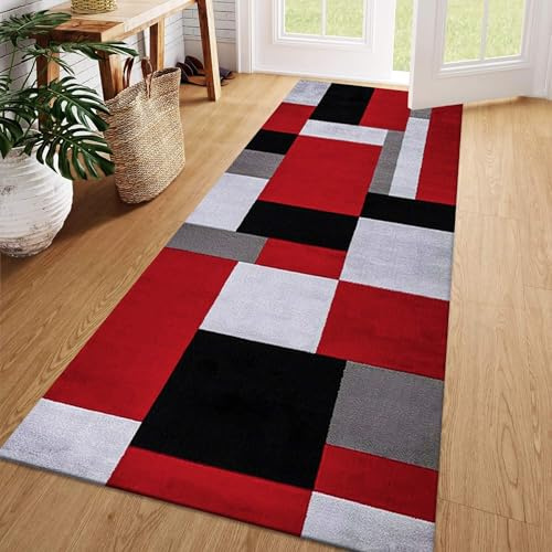 Fit Even Kilas Runner Rug – Washable Hallway Carpet Runners, Non-Slip Floor Mats for Kitchen, Living Room, Corridor, Entryway, Door Entrances (Red Black, 80 x 300 cm)