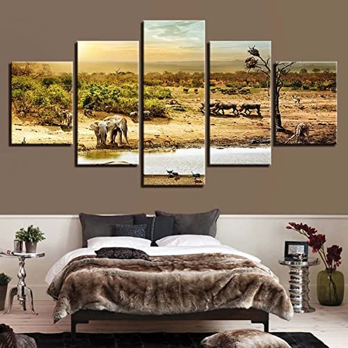 Leinwandbilder Wohnkultur Wandkunst 5 Stück Tierische Elefantenbaumlandschaft Gemälde Hd-Drucke Poster Für Wohnzimmer, Schlafzimmer, Esszimmer, Büro, Kinderzimmer, Wandbild (L/Mit Rahmen 1-0O0T+D5N