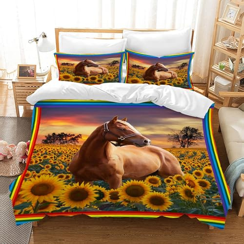 JEFFEL Set biancheria da letto con cavalli 135x200 per ragazze, set biancheria da letto per bambini con motivo animali cavalli in microfibra, set copripiumino con cerniera e federa 80x80cm, per