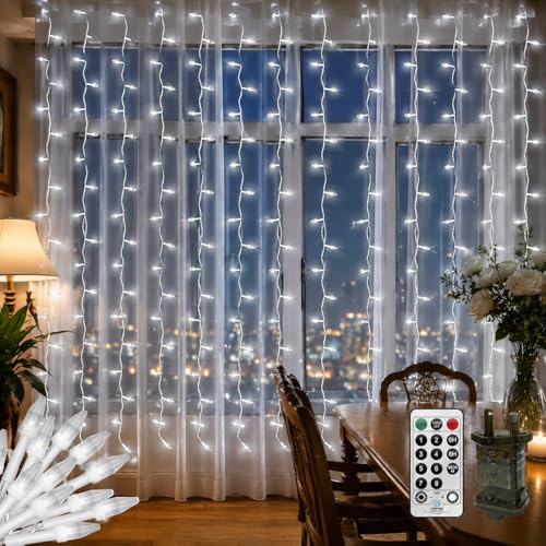CERIAL Curtain Lights Indoor Outdoor Plug in, 4M X 2M 300LED Diamond Shape Backdrop Window Curtain Lights for Room,Hanging Waterfall Wall Light with Remote Timer,Waterproof,Connectable(White)