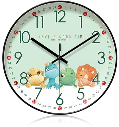 MEGYAD Orologio da parete dinosauro per bambini: orologio da parete per cameretta dei bambini, silenzioso, al quarzo, orologio da parete per bambini, orologio da parete per bambini, dinosauro, per