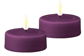 Tealight LED Deluxe Homeart, 2 lumini LED per interni con fiamma realistica, luce bianca calda – viola scuro grande tealight