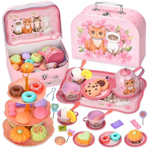TOSUTO 54Pcs Teeservice Kinder,Teiliges Teeparty Set, Tee Spielzeug Tragekoffer, Prinzessinnen Tee Zeit Spielküchen Spielzeug mit Tassen Tellern und Zubehör für Kinder Mädchen 3 - 8 Jahren Enfants
