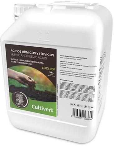 CULTIVERS Abono de Ácidos Húmicos y Fúlvicos 10L. Fertilizante de Leonardita. Potencia la fertilidad del Suelo Mejora la Capacidad de absorción de nutrientes y desarrolla la raíz. Force Humic