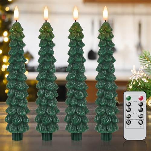 Lasumora Christmas Tree Candles with Remote Timer, 4 Pcs Waxy Flameless Taper Candles Flickering, Battery Operated LED Candlesticks with 3D Flame Wick, Green Window Candle for Christmas Decorations