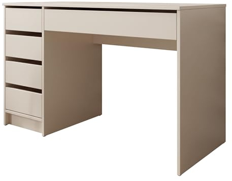 Mirjan24 Schreibtisch Ada mit 5 Schubladen (Sandbeige) | Vielseitiger Schülerschreibtisch oder Schminktisch mit grifflosen Fronten, wahlweise links oder rechts montierbar