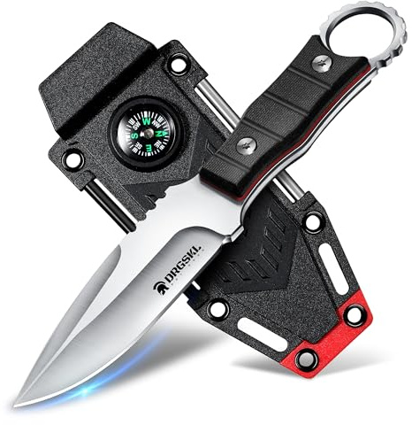 DRGSKL-Outdoor Messer Survival aus D2 Stahl 3-in-1 Funktionen,Schwarz | Mit Kompass Kydexscheide und Feuerstahl,EDC 9.3cm Klinge, Jagdmesser Mit Feststehende Klinge für Männer Camping Jagen Wandern