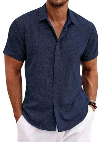 PADOLA Chemise Lin Homme Manches Courtes Boutonnée Chemisette Homme Chemises d'été Unie Chemise de Plage en Coton Coupe Régulière Tee Shirt Décontracté Chemiser (4 Bleu Marine, L)