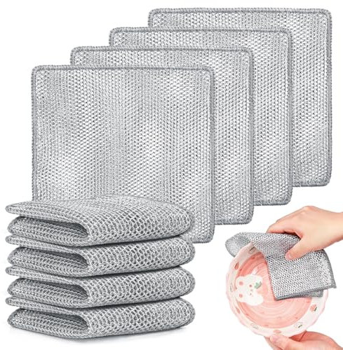 YICOTA 8 PCS Double Layer Non-Scratch Wire Dishwashing Cloths Multipurpose Reusable Steel Wire Cleaning Rags for Wet and Dry 20 × 20 cm Durable Two-Layer Kitchen Towels for Dishes Pots Sink Stove Top