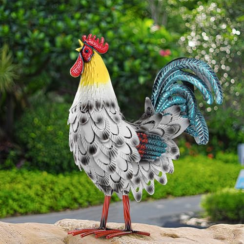 Velibobo Statue extérieure en métal - Décoration de jardin - Coq - Sculptures d'art pour cuisine, ferme, arrière-cour, pelouse (blanc)