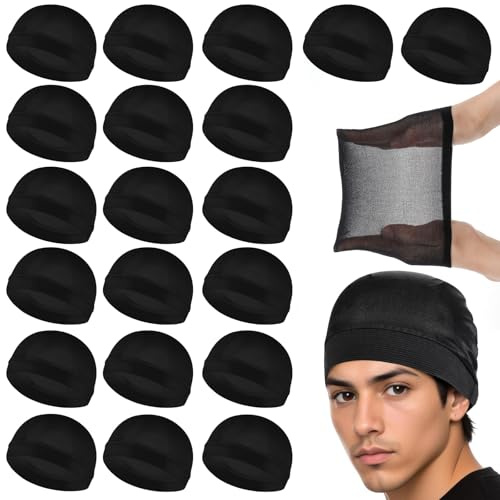 QFGasre 20 pezzi di retina per capelli Wig Cap, calza ondulata, per adulti, in nylon estensibile, colore nero, per uomo e donna