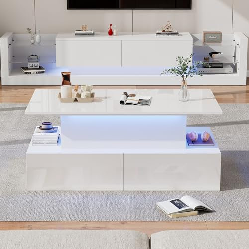 Générique Table Basse Design LED Haute Brillance - 4 tiroirs + Plateau relevable - Bois Blanc avec Rangement intégré (90 x 55 x 42,5 cm) - Moderne & Fonctionnelle