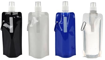 JRILUO - Lote de 4 botellas para correr (500 ml, con mosquetón, botella para correr reutilizable, sin BPA, flexible, 500 ml, blanco, transparente, azul, negro, para deporte y senderismo