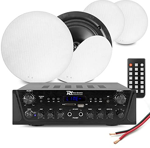 Power Dynamics PV220BT Multi Room Ceiling Speaker System, Bluetooth Amplifier, Home Audio Kit with 4x NCSS5B 5.25-Inch Speakers and Installation Cables