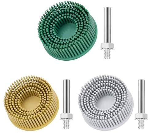 Sissatthai 3Pcs Bristle Disc 2 Inch Gasket Remover Wheel Tool - 50#, 80#, 120# Size, White & Yellow & Green Bristle Brush Cleaning Disc with 1/4 Shank Attachment Abrasive Coating Discs