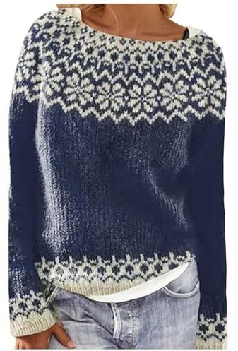 Generisch Maglione norvegese da donna con motivo a fiocco di neve – Maglione a maglia grossa in stile islandese | Maglione invernale con scollo a sottomarino