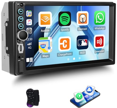 7 Inch Double Din Car Stereo with Wireless Carplay Android Auto Car Audio Receivers, Car Radio with Mirror Link, Bluetooth, SWC, FM, EQ, USB/Type C Charge 7 Color Light