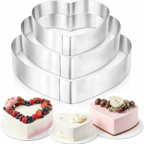 Moon3X® 3 Pcs Stainless Steel Cake Baking Moulds Heart Shape Cake Tin 10/15 / 20 CM Ideal for Wedding Cake Mould Set and Dessert Mould Baking Biscuits Decorating Cakes