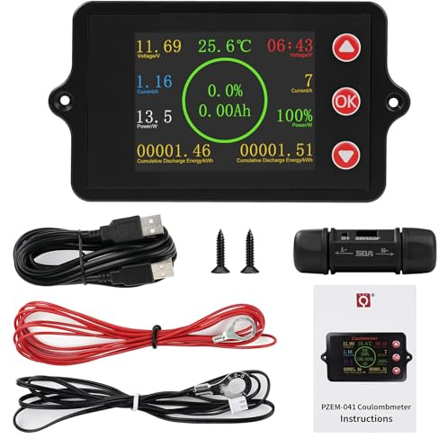 Battery Monitor Batterie DC8-100V Battery Meter Multifunctional Tester Batteria Auto Schermo a Colori Corrente/Tensione/Potenza/Capacità Residua/Conteggio Cicli Shunt in Rame puro 50A + USB 2m