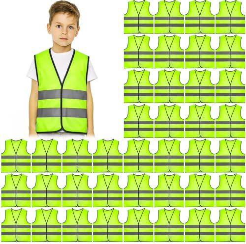 XJGQZ 40 Pcs Kids Safety Vest Bulk, High Visibility Reflective Construction | Breathable Polyester Mesh; 360° Reflective Strips; Size S for Ages 3-7; Ideal for School Activities, Cycling & Traffic Safety